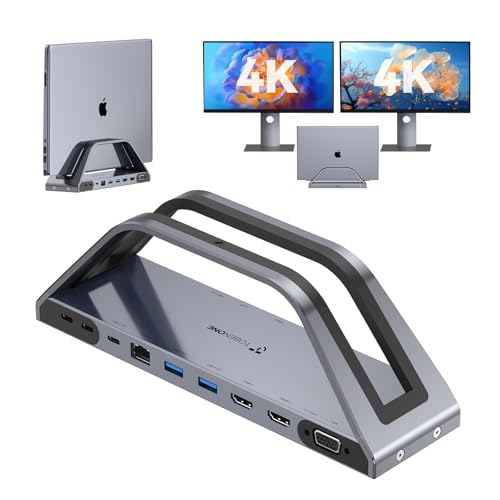 TobenONE 14-in-1 MacBook Pro Docking Station Dual 4K Monitor, Driver-Based | Aluminum Vertical Dock Stand for MacBook M1-M5/Neo, Dual 4K HDMI, VGA, 65W Adapter, 5Gbps USB, Space-Saving for Home & Office