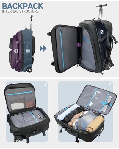 Carry on Backpack with Wheels, Rolling Backpack | Dry-Wet Pocket, TSA Lock, Laptop Compartment, Water-Resistant for Men Women, 3-Piece Set-Includes Toiletry & Storage Bag - color: Black-two