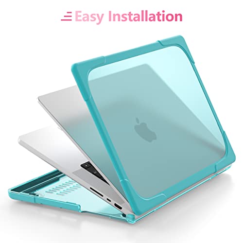 Batianda Heavy Duty Case for MacBook Pro 14 inch 2026-2021, Blue | Fits M5/M4/M3/M2/M1 Pro Max Chip, Ergonomic Foldable Stand Holds 22 lbs, Shockproof Bumper, Matte Translucent Hard Shell - color: Cyan