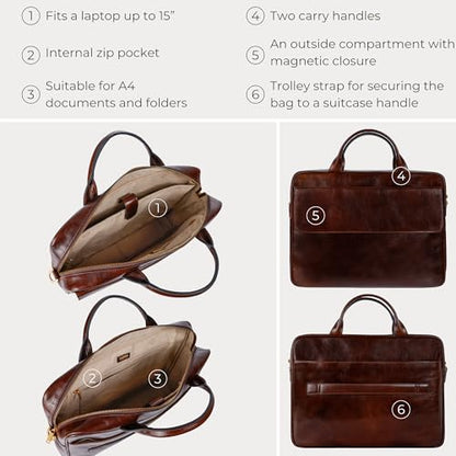 Time Resistance Leather Briefcase - Italian Handmade Leather Laptop Bag - Handbag for Men - Professional Computer Case - color: Brown