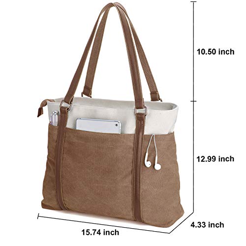 Laptop Tote Bag for Women, 15.6 Inch Work Bag with Laptop Compartment and Zipper, Canvas Computer Tote for Teacher - color: Brown