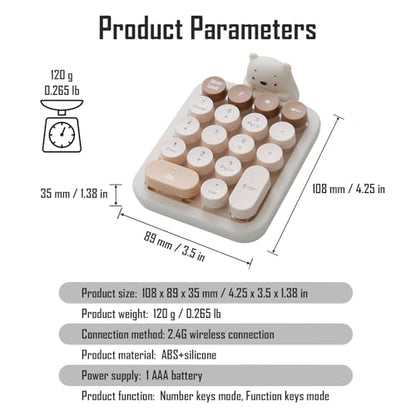 Wireless Number Keypad with Cute Silicone Bear, 18 Colorful Round Keys Numpad, 2.4G USB Wireless Connection, Portable Financial Accounting Numeric Keyboard, Suitable for PC, Laptop (MilkTea) - color: MilkTea