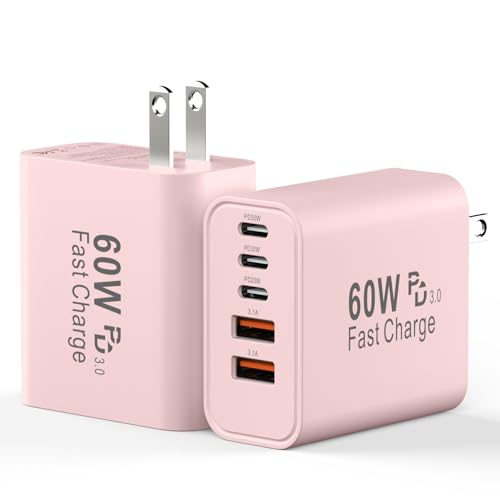 USB C Charging Blocks, 60W USBC Wall Fast Charger Block, Type C Phone USB C Charger Fast Charging Brick, 5-Port Multiport Charger Plug Power Adapter for Phone 17/16/15/14/13 Pro Max, Pad, S25-Pink - color: Pink