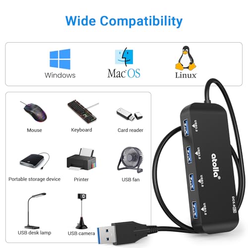 USB 3.0 Hub 4-Port with 2ft Cable — High-Speed 5Gbps Data Expander for Laptop & PC, Ultra-Slim Portable USB Splitter Compatible with Windows/macOS/Linux - size: 2FT