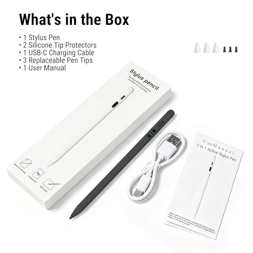 LED Battery Display Stylus Pen, Dual Modes Fast Charge Universal Active Digital Pencil for iPad iPhone Samsung Android, <2ms Low Latency, Tilt Sensitivity for Drawing Note Taking, No Bluetooth Stylus - color: Black