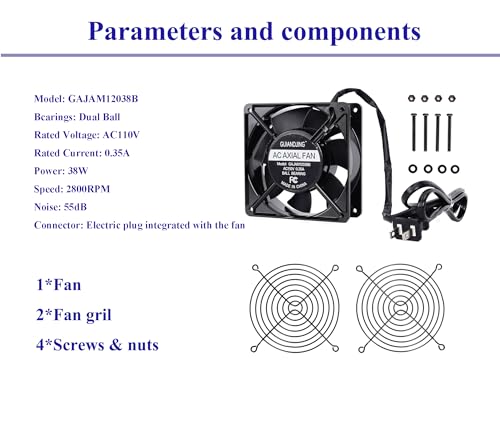 120mm x 38mm Cooling Fan 110V 120V Dual Ball Bearing High CFM 3000RPM with AC Plug and Aluminium Alloy Frame - style: AC12038-N