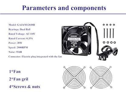 120mm x 38mm Cooling Fan 110V 120V Dual Ball Bearing High CFM 3000RPM with AC Plug and Aluminium Alloy Frame - style: AC12038-N