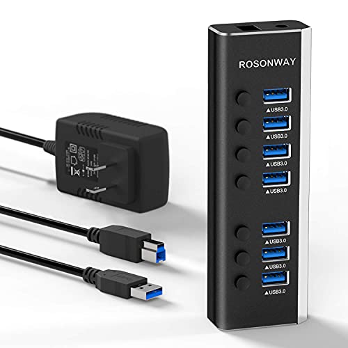 Rosonway 7-Port Powered USB 3.0 Data Hub Aluminum, RSH-A37S | USB Hub Splitter with 24W (12V/2A) Power Adapter and Individual On/Off Switches, USB Port Expander for PC and Laptop - size: 7-Port Powered USB 3.0 Hub