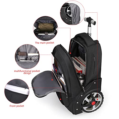 Rolling ,Waterproof Backpack with Wheels for Business, College Student and Travel Commuter, Carry on Backpack with Laptop Compartment, Fit 17 Inch Laptop, Wheeled Backpack for Adults - color: Black