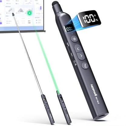 N21 Bluetooth Presentation Clicker for PowerPoint with Retractable Pointer | ①Green laser ②Telescopic touch pen ③Countdown timer, vibration alert ④Customizable Button ⑤Rechargeable;battery level display - color: Black - Green Pointer