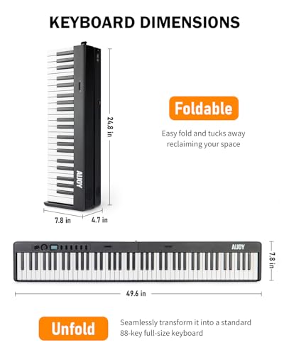 AiJoy 88-Key Portable Piano Keyboard with Semi-Weighted Keys Folding Piano | Built-in Speakers/MIDI, Long Battery Life Electric Keyboard Piano for Beginners - color: Black