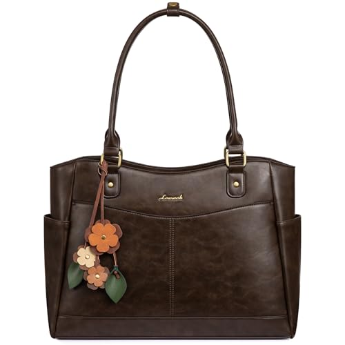 LOVEVOOK Laptop Bag for Women, Vintage Work Tote, Teacher Bag with Pendant | Fits 15.6 Inch Laptop, Magnetic Front Pockets, fits for Large Bottle Pockets, Flower Pendant, Fashion Work Purse - color: Dark Coffee, size: 15.6 inch
