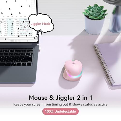 TECKNET Wireless Mouse Jiggler, Rechargeable Mouse with Built-in Mouse Mover, 6 Adjustable DPI & 14 LED Modes, Silent Click, Undetectable Random Movement Keeps Computer Awake for Laptop/PC/Mac- Pink - color: Pink