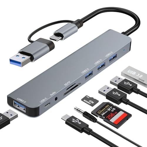 USB C Hub USB Hub 3.0, Upgrade 8 in 2 USB Splitter with USB-C/4 USB A Port Extender, TF/SD Card Reader, 3.5mm Audio Adapter, USBC USB Dongle for PC/Laptop/Tablet/Mac/MacBook/iPad and More Devices - color: Grey-USB C Hub 02