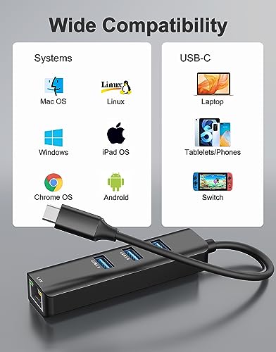 USB C to Ethernet Adapter, ABLEWE 4-in-1 RJ45 to USB-C/Thunderbolt 3 to Gigabit Ethernet LAN Network Adapter for MacBook Pro/Air 2021/2020/2019, iPad Pro 2021, Chromebook, XPS, Surface 3/2/Go-Black - color: Black