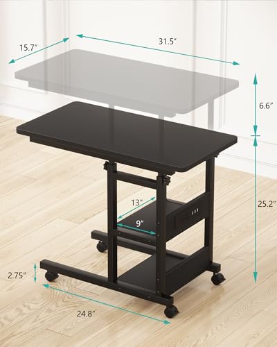 Height Adjustable End Table with Charging Station, Mobile C Shaped Laptop Side Table with Wheels, 3-Tier Sofa Couch Table with Storage Shelve for Living Room Bedroom, Black - color: Black