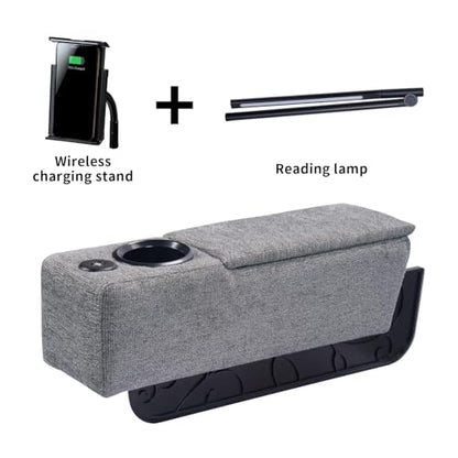 Multifunctional Sofa Armrest, Couch Armrest with Wireless Charge Stand, Removable Couch Caddy with Storage,Including LED Reading Light - color: Pewter, size: Fabric-1 CUP