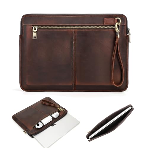 CONTACTS Full Grain Leather 14" Laptop Case Large Document Bag Notary Bag Slim Briefcase for Men - color: Coffee
