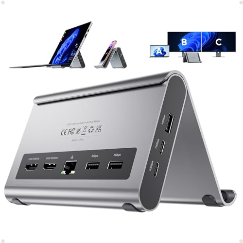 USB C Docking Station Dual Monitor, Laptop Dock for Windows with HDMI 4K | PULWTOP Laptop Docking Staion Stand, 3xUSB-C/A 10Gbps,2xUSB-A 5Gbps,RJ45,PD for Surface Pro11/10/9/8/Dell/HP/Lenovo/Asus/Acer