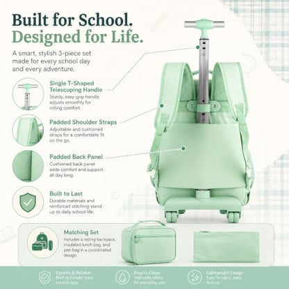 AGSDON Rolling Backpack for Girls, 21" Women Roller Wheels Bookbag, Laptop Wheeled Suitcase School Backpacks with Lunch Bag for Teens - color: Square Green