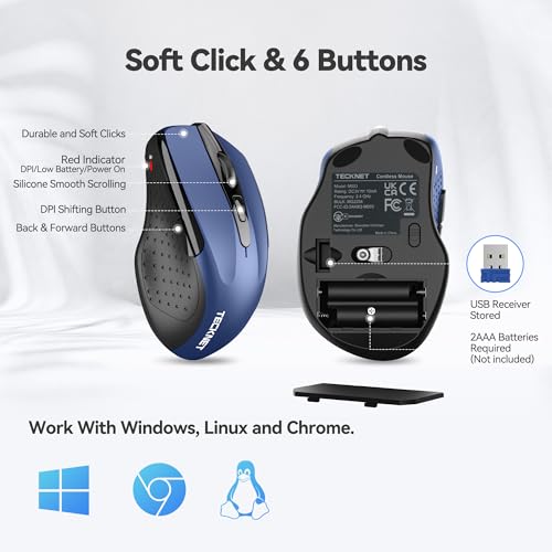 TECKNET Wireless Mouse, 2.4G Ergonomic Computer Mouse, 2600 DPI, Blue | Ergonomic Design with Side Grips, Adjustable DPI, 2-Year Battery, Compact Size, USB-A Plug & Play, Wide OS Compatibility - color: Blue