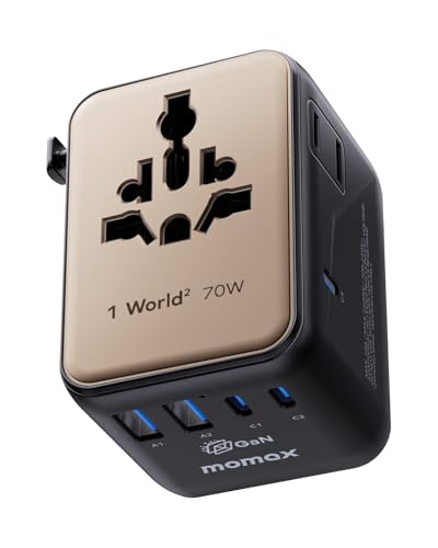 MOMAX Mini 7-in-1 Universal Travel Adapter, GaN 70W Dual AC, 3 USB-C PD & 2 USB-A QC, International Power Charger for 200+ Countries – Compact Travel Adapter for Laptop, Phone, UK/AUS/EU/JP Plug - color: Desert Gold, size: 70W