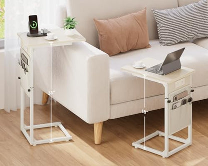 Vagusicc C Shaped End Table with Charging Station, Adjustable Height Side Table for Couch, Small Sofa Table C Table End Table, Slide Under Couch Table TV Tray Arm Table for Living Room, Bedroom, Cream - color: Cream White, style: With Plug