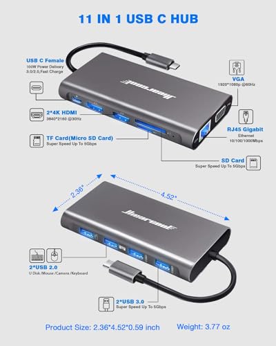 Hiearcool USB-C Docking Station for Laptop, Triple Display Dock with 4K HDMI & 1080p VGA, 11-in-1 USB-C Dock with Ethernet, 100W Charging for Home Office - color: Space Grey
