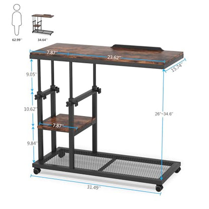 Tribesigns Height Adjustable C Table with Wheels, Mobile Couch Snack Side Table with Tiltable Drawing Board, Sofa Bedside Laptop Stand C Shaped TV Tray with Storage Shelves (Brown) - color: Rustic Brown