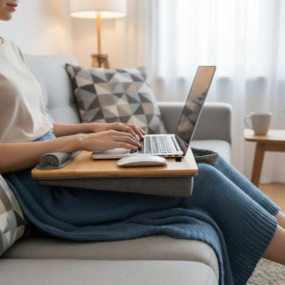 Bamboo Lap Desk for Laptop with Cushion Tablet Phone Holder Handle | Laptop Stand with Anti-Slip Strip Fits up to 15.6 inch Portable Computer Lap Desk for Couch, Bed & Car - size: 16.5"x13.4" Fixed