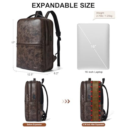 Vegan Leather Laptop Backpack for Women and Men Fits 16 Inch Laptop | Water Resistant,28L Expandable Computer Backpack Purse,USB Charging Port,Travel Work Business College Teacher Nurse - color: Two-toned Coffee