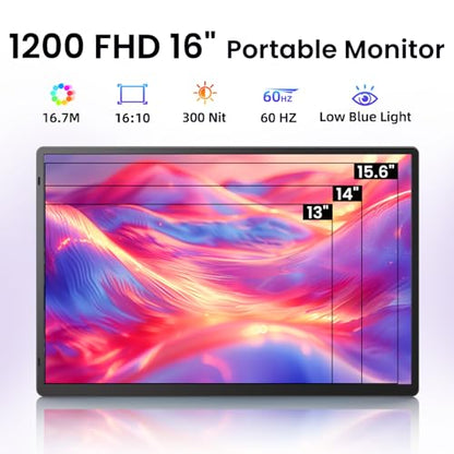 Laptop Screen Extender Portable Monitor - Dual 16" 1200P FHD Travel Monitor Fit for 13-17" Laptops Plug & Play 360° Rotating Detachable Stand Height Adjustable for Travel/Work/Study - size: 16.2"