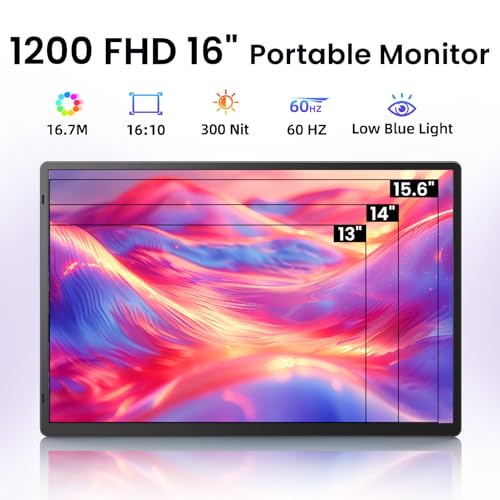 Laptop Screen Extender Portable Monitor - Dual 16" 1200P FHD Travel Monitor Fit for 13-17" Laptops Plug & Play 360° Rotating Detachable Stand Height Adjustable for Travel/Work/Study - size: 16.2"