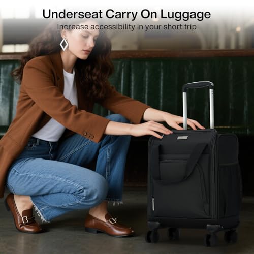 MILADA Underseat Carry On Luggage with Wheels, Airline Approved 16-inch Spinner Small Suitcase, Softside Travel Luggage, Personal Item Overnight Bag, Business Mini Suitcase for Women and Men, Black - color: Black
