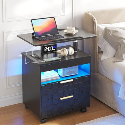 Lareth Rolling Nightstand with Wheels, LED Lights, Charging Station | Height Adjustable, Bedside Table 2 Drawers, Smart Wooden End Table Dorm Side Table Laptop Workstaion, Bedroom, Black - color: A Black