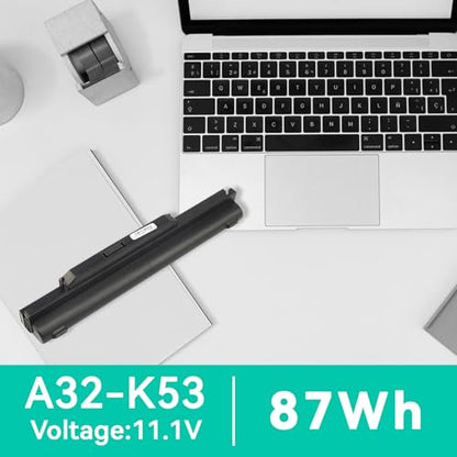 87Wh/7800mAh Laptop Battery Replacement for Asus A53E A32-K53 A42-K53 A45 A53S A43S A53Z A83 A84 K43 K43BY K43E K43S K43T K53 K53E K53T K54 A54C K53SV K84 X43 X44 X53E X53U - High Performance 9 Cells - size: 10.91*1.18*0.87inch A32-K53