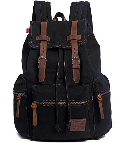 HuaChen Vintage Canvas Travel Backpack with Leather Trim, Laptop Padded Sleeve, Hidden Back Security Pocket, Fits 14-Inch, M32 Black - color: Black, size: Medium