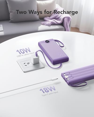 VRURC Portable Charger Power Bank - 20000mah Fast Charging PD 22.5W Power Battery 5 Output 3 Input Design 4 Cable USB Charging Compatible for iPhone Samsung Android Google LED Display - color: Purple