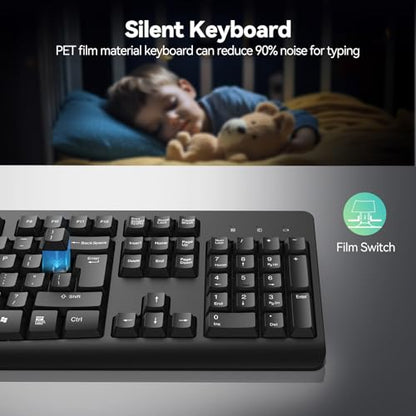 TECKNET Wireless Keyboard, 2.4G Silent Full-Size Keyboard with Number Pad | Ergonomic Keys & Adjustable Feet, Compatible with Laptop, PC, Desktop, Notebook, Windows 11/10/8/7 –Black