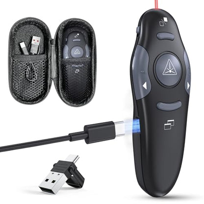 Presentation Clicker with Case Storage: PowerPoint Wireless Presenter Remote USB Type C Rechargeable Red Laser Pointer Clickers for Computer Project Mac PPT Slideshow Google Slide Advancer - style: Red Laser