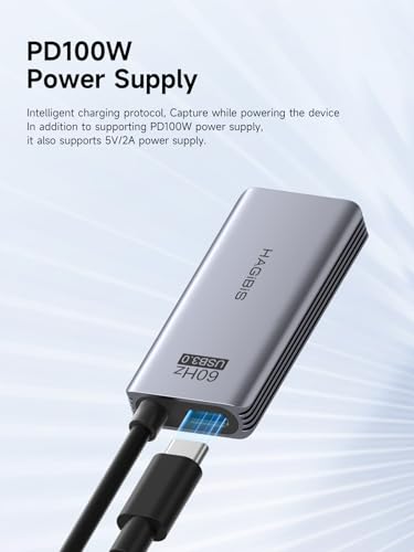 Hagibis USB3.0 Video Capture Card with 100W PD HDMI to USB/USB C 1080P HD 60fps Live and Record Video Audio Game MS2130 for Quest 3 2 Pro VR Switch2 PS4/5 Live Broadcast, Gaming, Streaming (UHC07P)