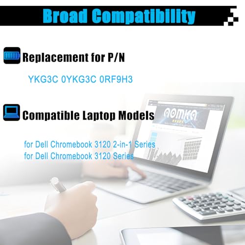 42Wh YKG3C Laptop Battery Replacement for Dell Chromebook 3120 Chromebook 3120 2-in-1 Series Notebook 0YKG3C 0RF9H3 11.4V 3500mAh - size: 7.53*4.08*0.22 inch YKG3C