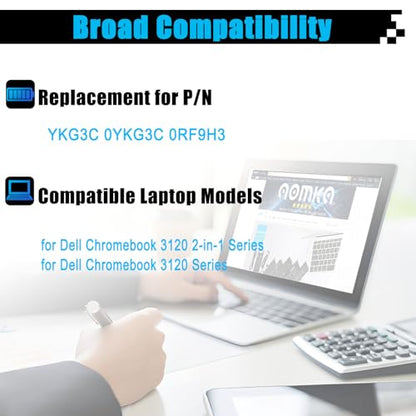 42Wh YKG3C Laptop Battery Replacement for Dell Chromebook 3120 Chromebook 3120 2-in-1 Series Notebook 0YKG3C 0RF9H3 11.4V 3500mAh - size: 7.53*4.08*0.22 inch YKG3C