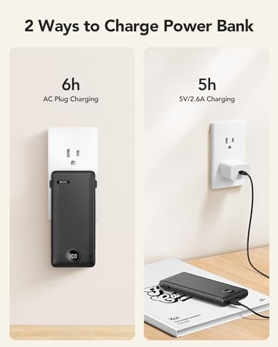VRURC Portable Charger, Power Bank Built-in Cables and AC Wall Plug | USB C Portable Bank 10000mAh,Travel Essentials Phone Charger Compact External Battery Pack for Smart Phones,Tablets-Black - color: Black