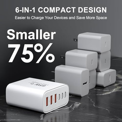 USB C Wall Charger Block, 65W GaN 6-Port Fast Charging PD +QC Block | PD USB C Adapter+QC Plug Compatible with iPhone iPhone 17/17 Plus/17 Pro Max/16/16 Plus/16 Pro Max/15 Pro Max/iPad Pro/14/13