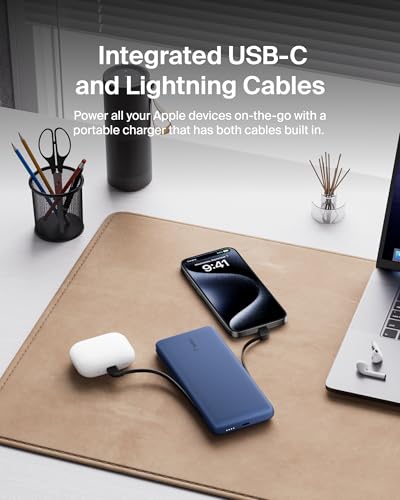 Belkin Portable Charger Power Bank for iPhone/Android (10,000mAh), 23W Battery Pack with Integrated USB-C, Lightning Cables, Pass-Through Capability, Charge 2 Devices at Once, Phone Charger Power Bank - color: Blue