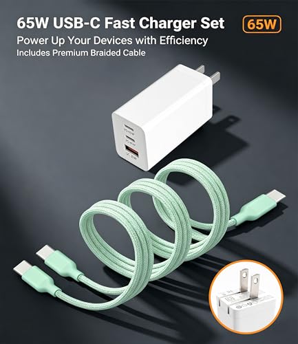65W USB C Fast Charger, 3-Port PD Charger, 3 Cables, Green | Foldable green travel charger for laptop, phone & tablet, with 2 x 1.2m cables and 1 x 0.6m cable