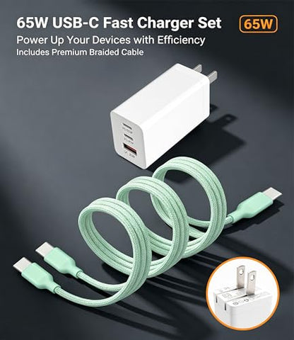 65W USB C Fast Charger, 3-Port PD Charger, 3 Cables, Green | Foldable green travel charger for laptop, phone & tablet, with 2 x 1.2m cables and 1 x 0.6m cable
