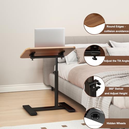 Adjustable Height C Shaped Side Table,360°Swivel Overbed Table,Top Tilting Laptop Stand Table with Hidden Wheels,Mobile Couch End Tables that Slide under,Rolling TV Coffee Table for Sofa/Bed (wood) - color: Wood