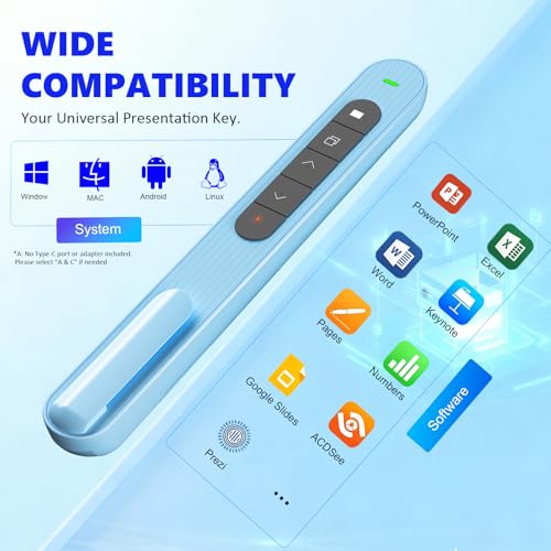 Presentation Clicker for Powerpoint Presentations, Blue, A | Long-Range Wireless Presenter Remote, Magnetic USB Receiver, PowerPoint Clicker Compatible with Windows/Android/macOS/Linux - color: Blue